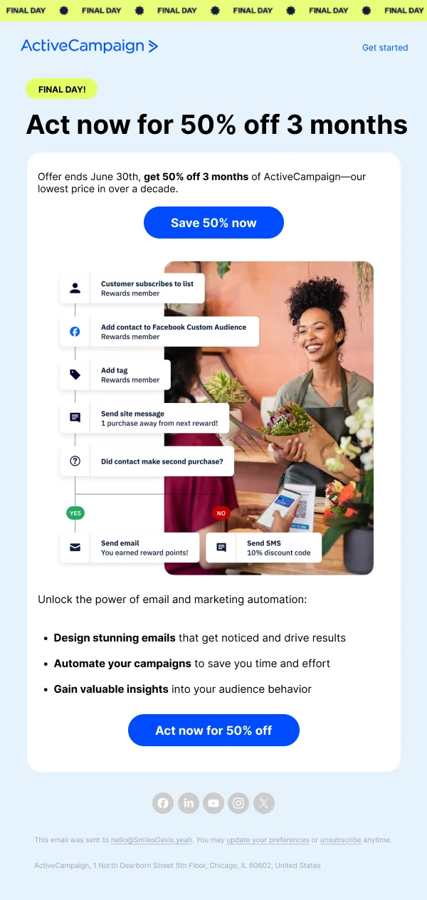 50% Off ActiveCampaign 3-Month Offer HTML Template