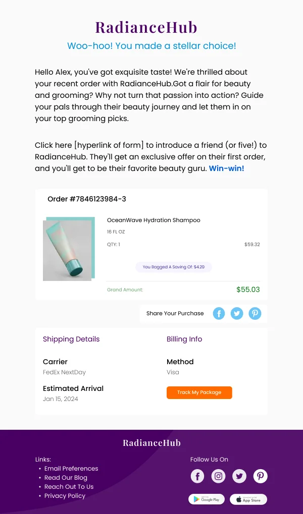 RadianceHub Shampoo Order Confirmation HTML Email Template