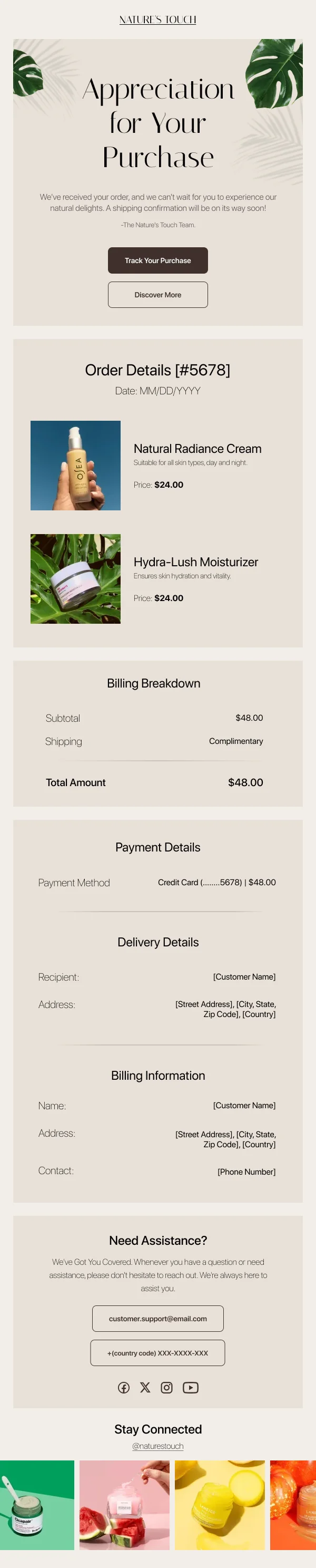 Nature's Touch Beauty Order Details HTML Email Template