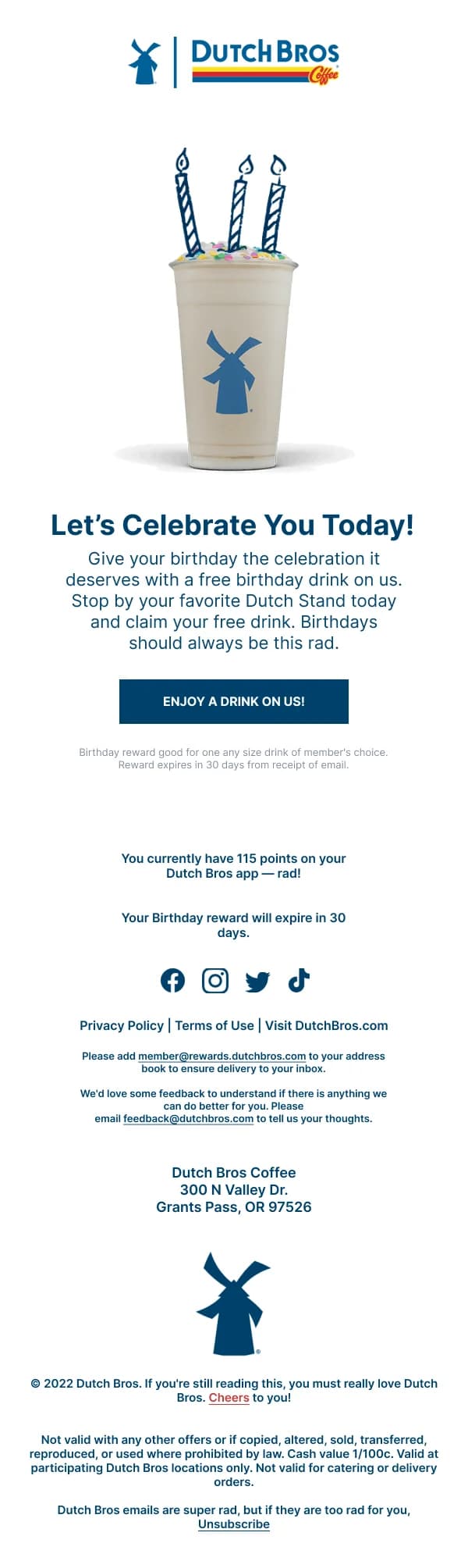 Dutch Bros Birthday Reward HTML Email Template