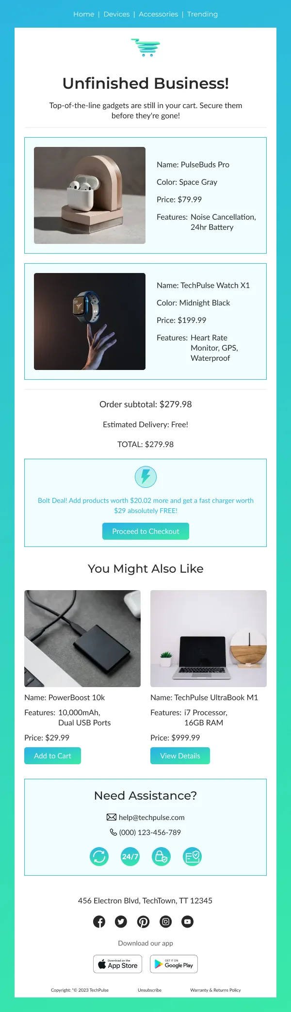 TechPulse Electronics Abandoned Cart Reminder HTML Email Template