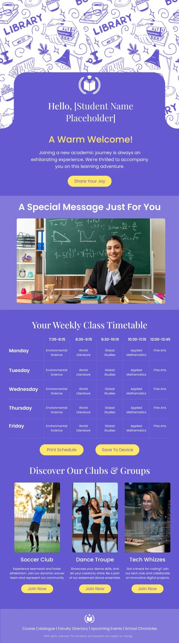 Weekly Class Timetable Education HTML Email Template