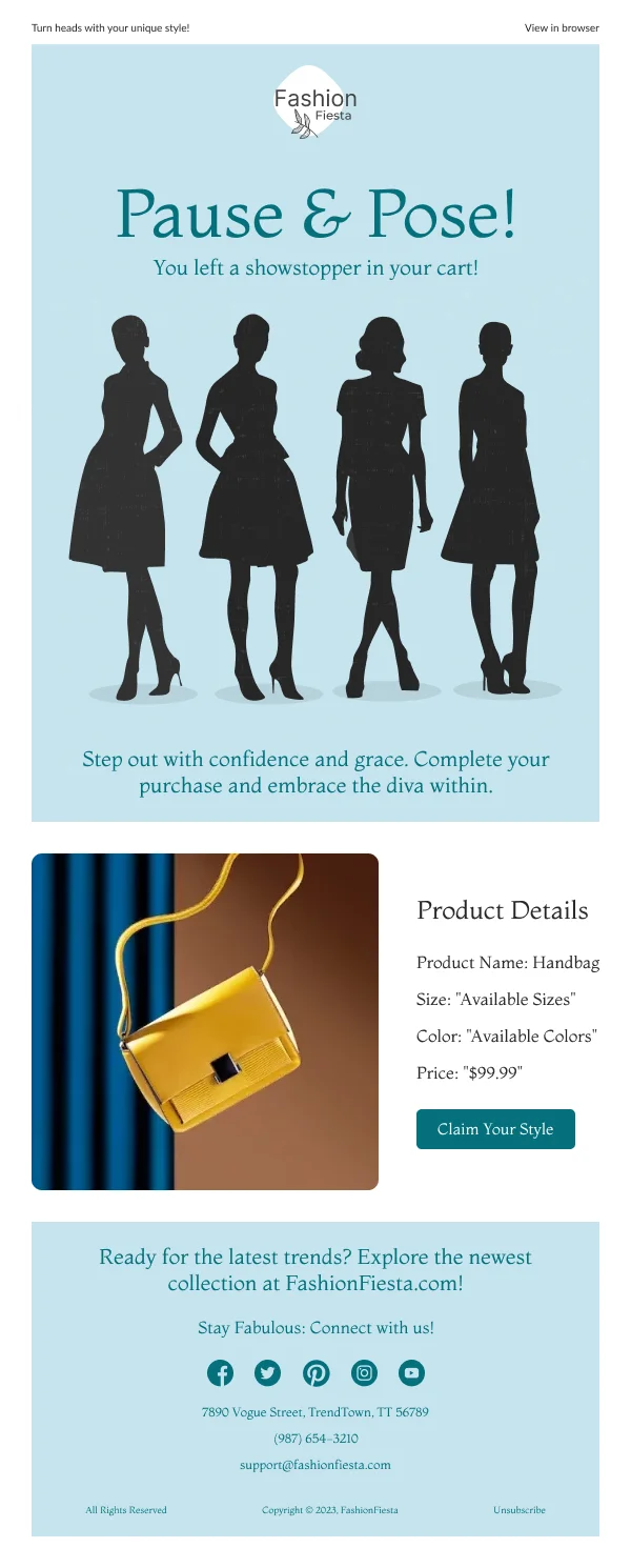 Fashion Fiesta Handbag Abandoned Cart Reminder HTML Email Template