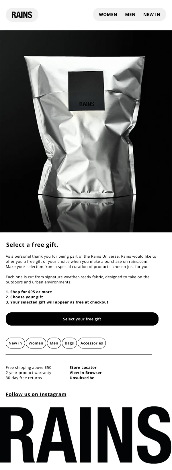 Free Gift Promotion HTML Email Template for Rains Customers