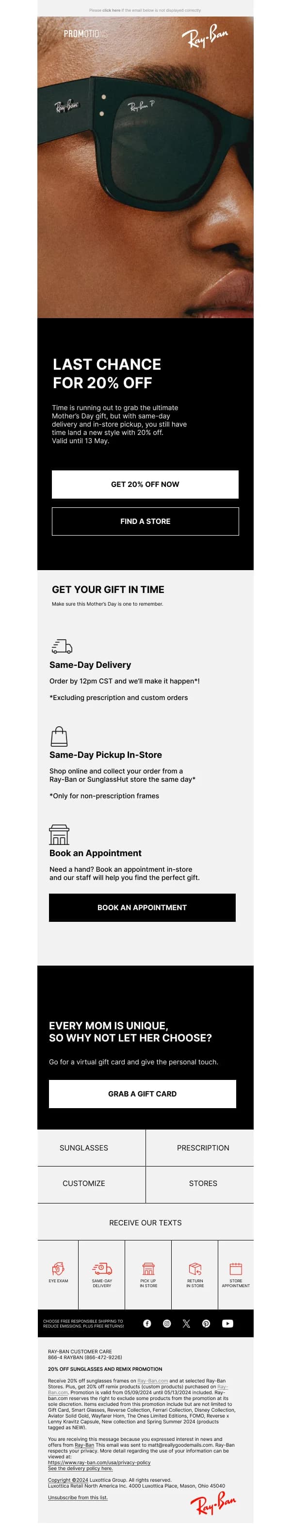 Ray-Ban Last Chance 20% Off HTML Email Template