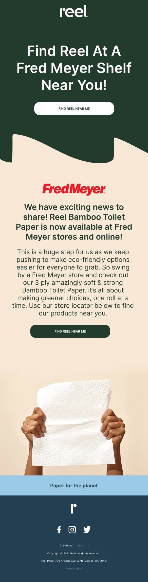 Reel Bamboo Toilet Paper Availability HTML Email Template for Retail Announcements