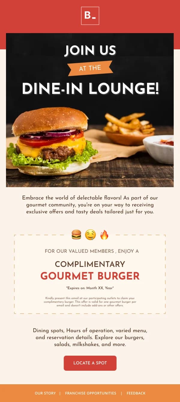 Gourmet Burger Dine-In Welcome HTML Email Template