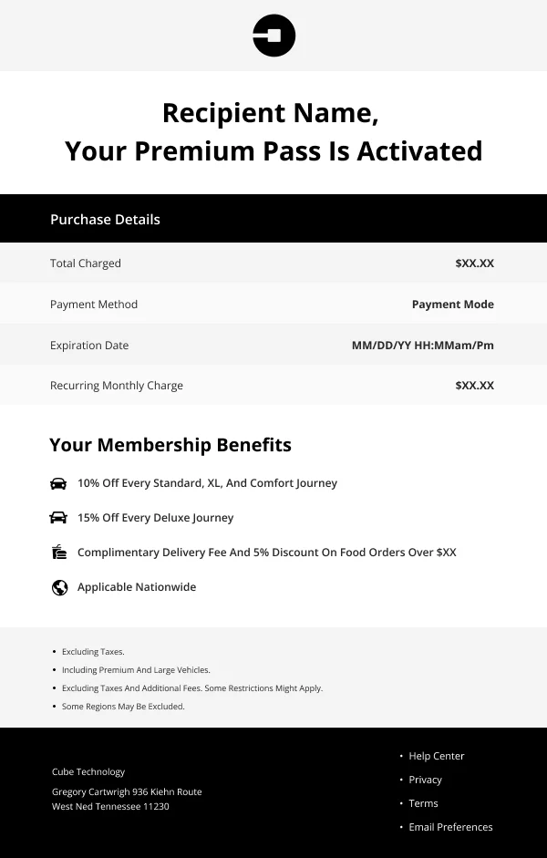 Cube Premium Pass Purchase Confirmation HTML Email Template