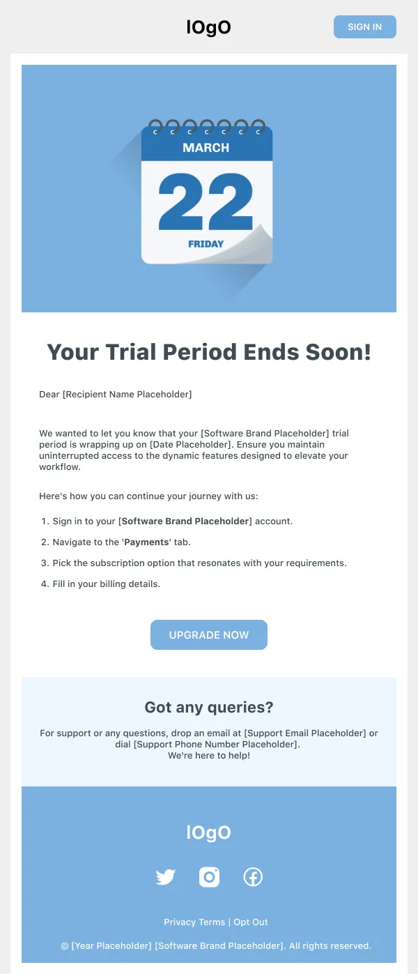 Trial Period Ending Soon SaaS HTML Email Template