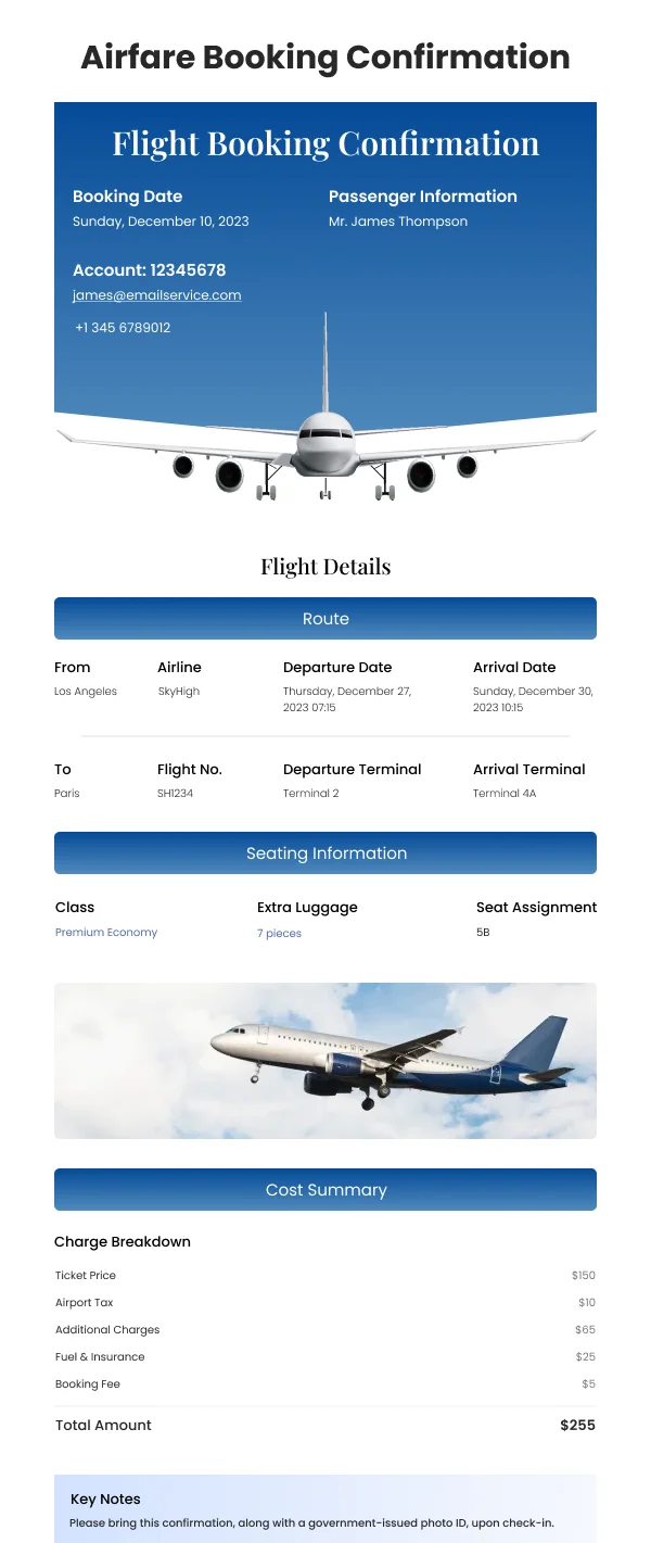 Airfare Booking Confirmation HTML Email Template