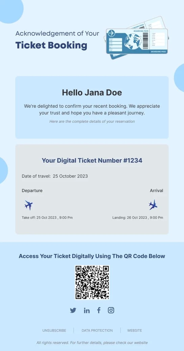 Ticket Booking Acknowledgment HTML Email Template