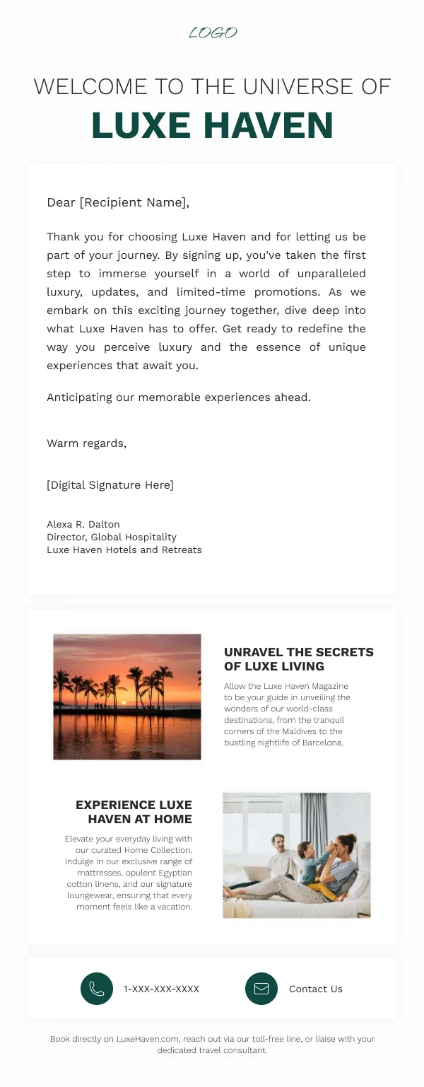 Luxe Haven Luxury Hotel Welcome HTML Email Template