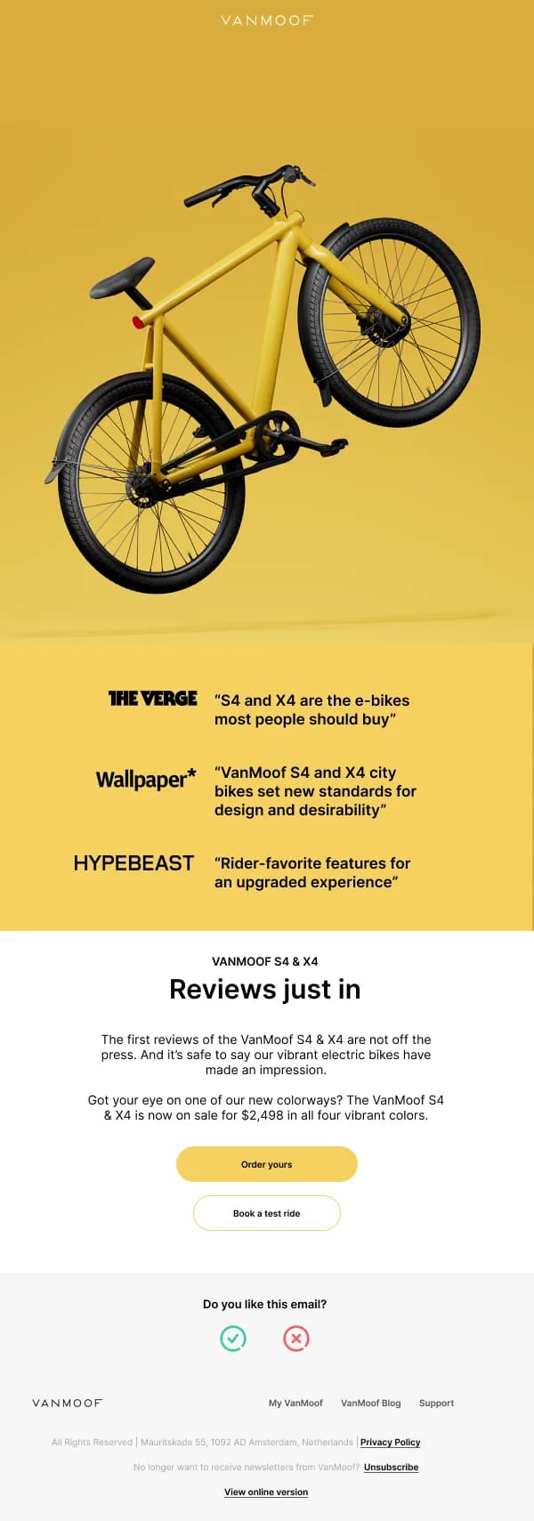 VanMoof S4 & X4 E-Bikes HTML Email Template for Product Reviews and Promotion