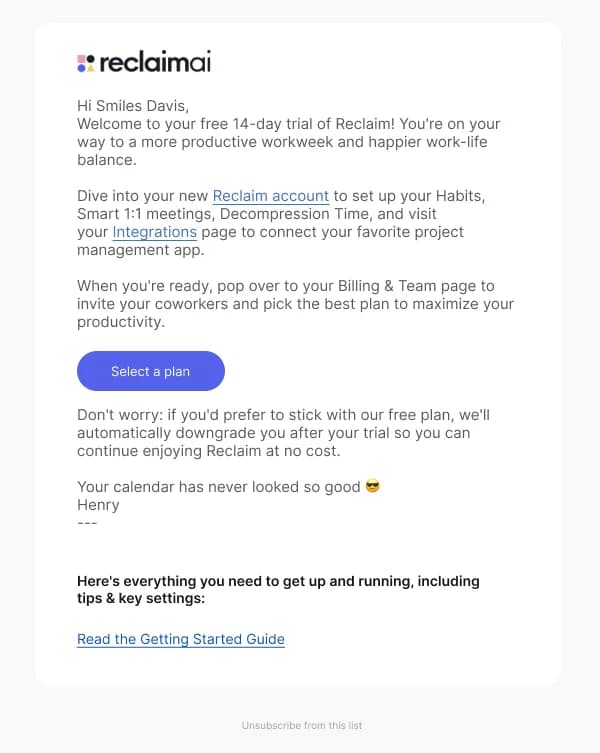 Welcome to Reclaim.ai Free Trial HTML Email Template