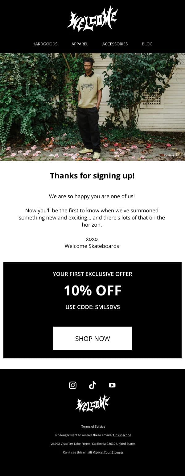 Welcome Skateboards Signup Thank You HTML Email Template