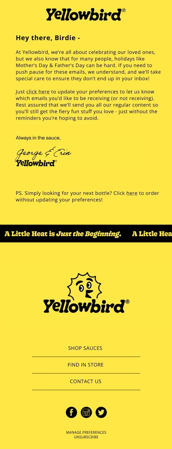 Yellowbird Holiday Email Preferences HTML Template