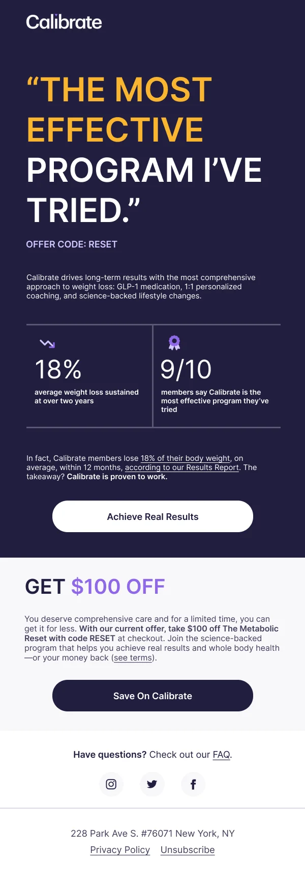 $100 Off Calibrate Weight Loss Program — Discounts & Coupons email design preview