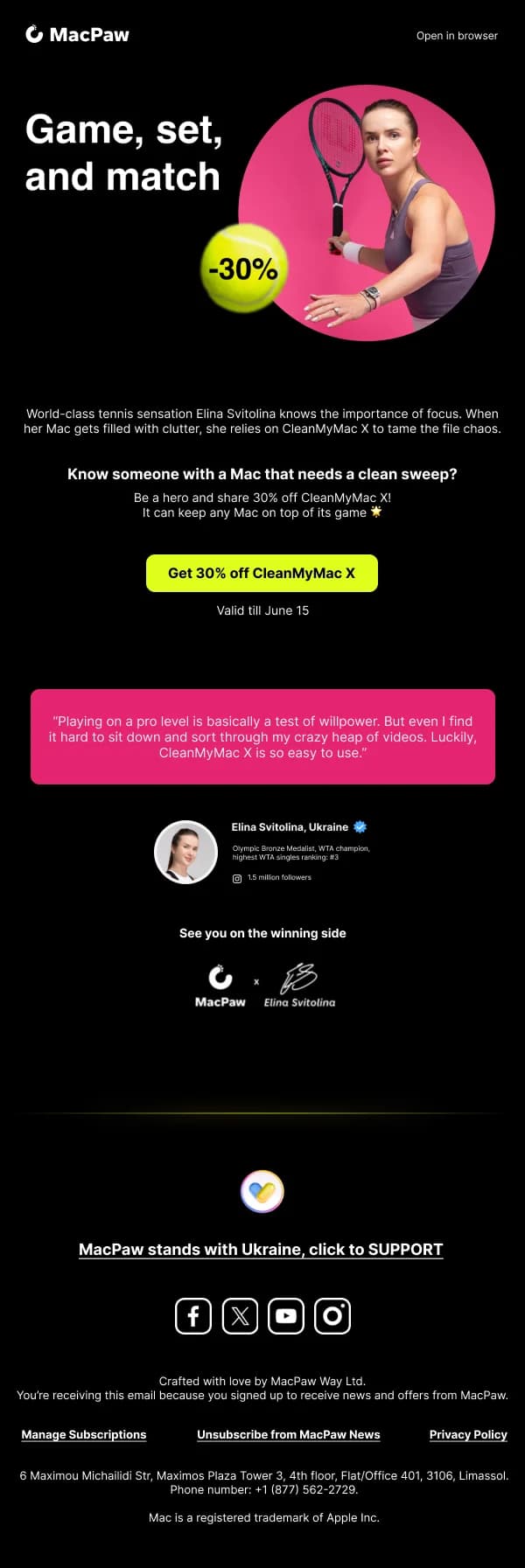 30% Off CleanMyMac X Tennis Promo — Discounts & Coupons email design preview