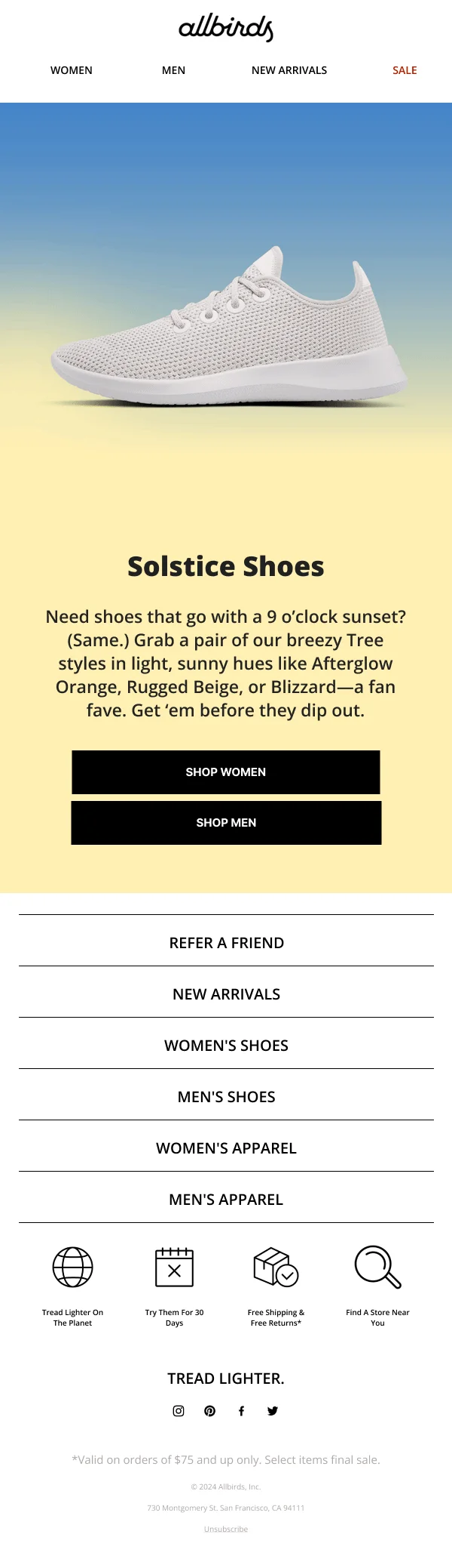 Allbirds Solstice Shoes in various light summer colors — Product Promotions & Updates email design preview