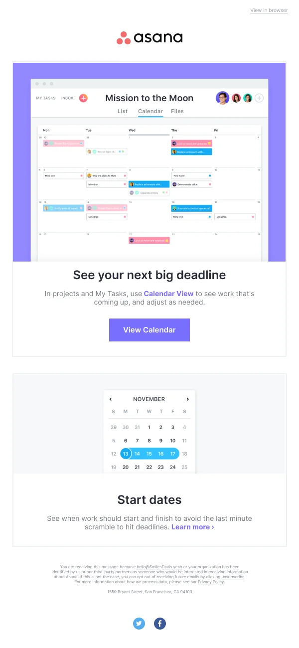 Asana Calendar View — Product Promotions & Updates email design preview