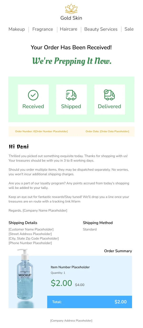 Gold Skin Order Confirmation HTML Email Template