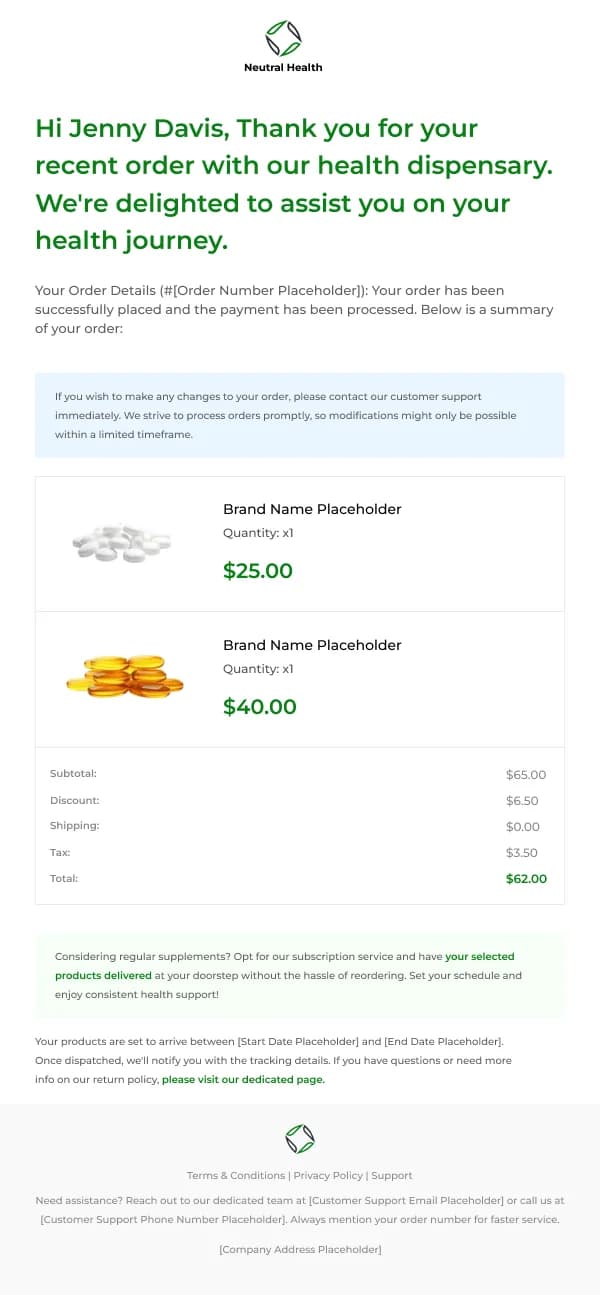 Beauty-Neutral Health Medicine Order — Order Confirmation email design preview