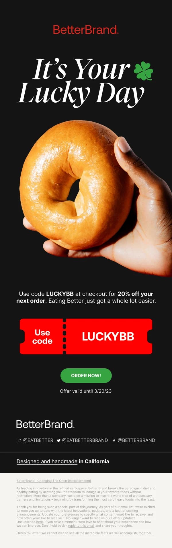 BetterBrand Lucky Day 20% Off — Discounts & Coupons email design preview