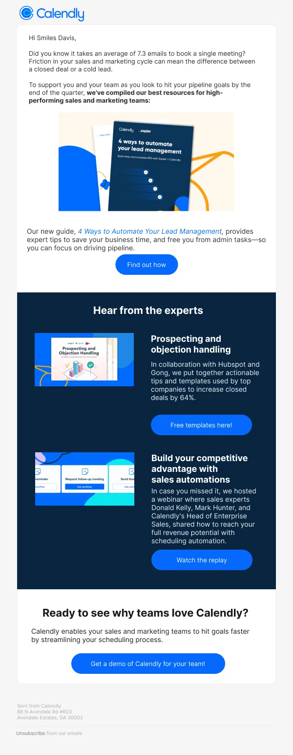 Calendly Sales and Marketing Resources — Product Promotions & Updates email design preview