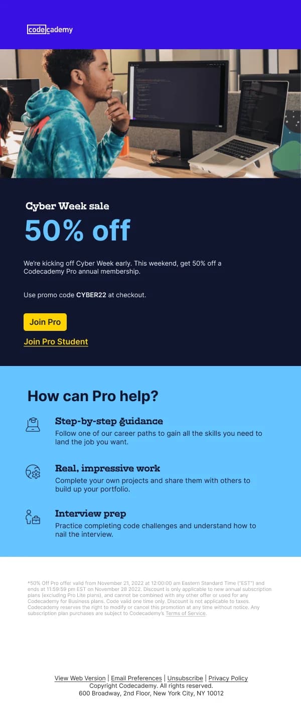 Codecademy Cyber Week 50% Off — Discounts & Coupons email design preview