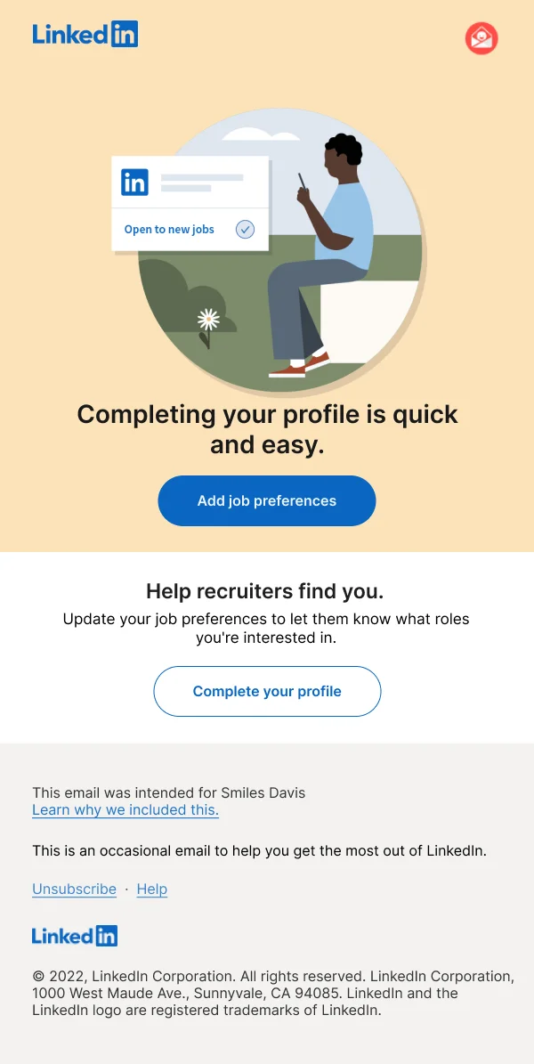 Complete Your LinkedIn Profile — Activation & Retention email design preview