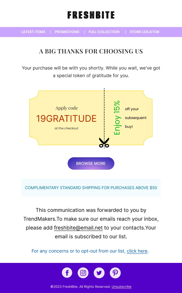 Ecommerce- Freshbite Offer For Buying — Thank You email design preview