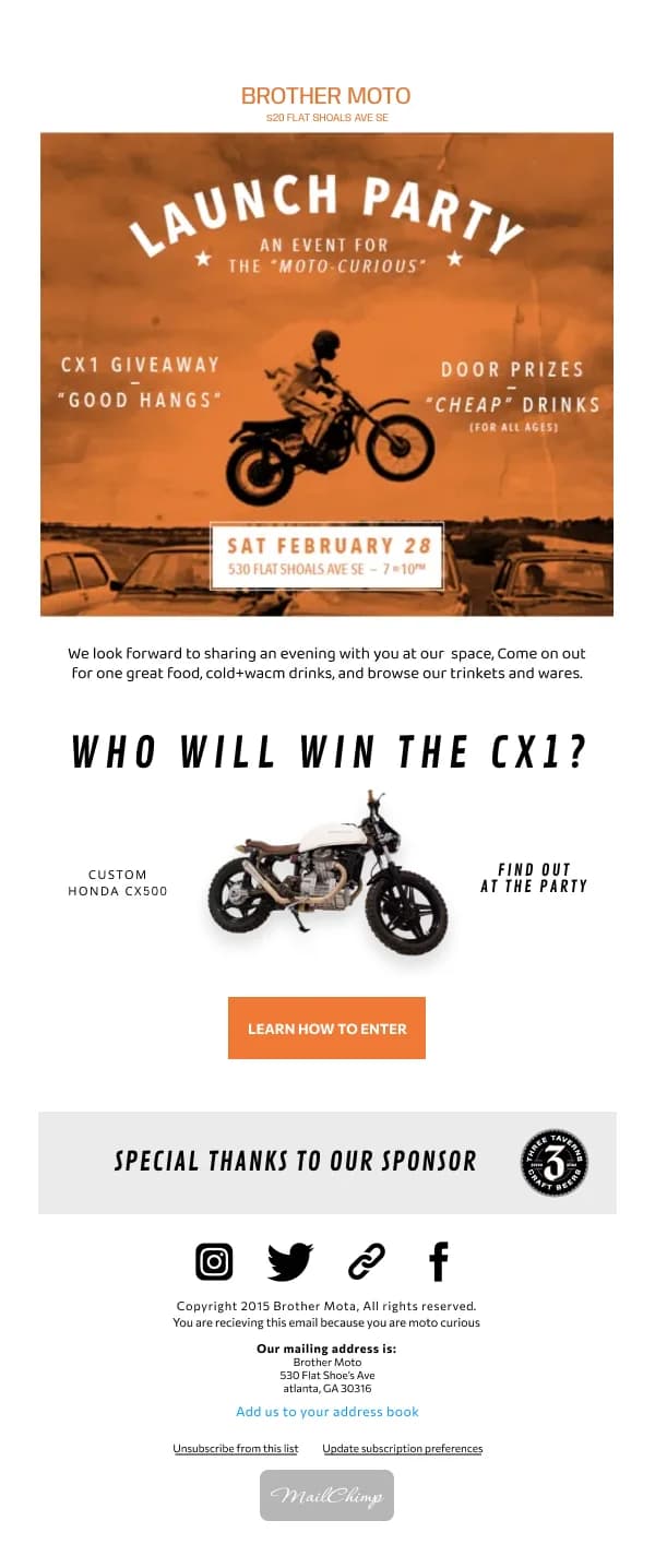 Ecommerce-Moto Launch Party — Product Launch email design preview