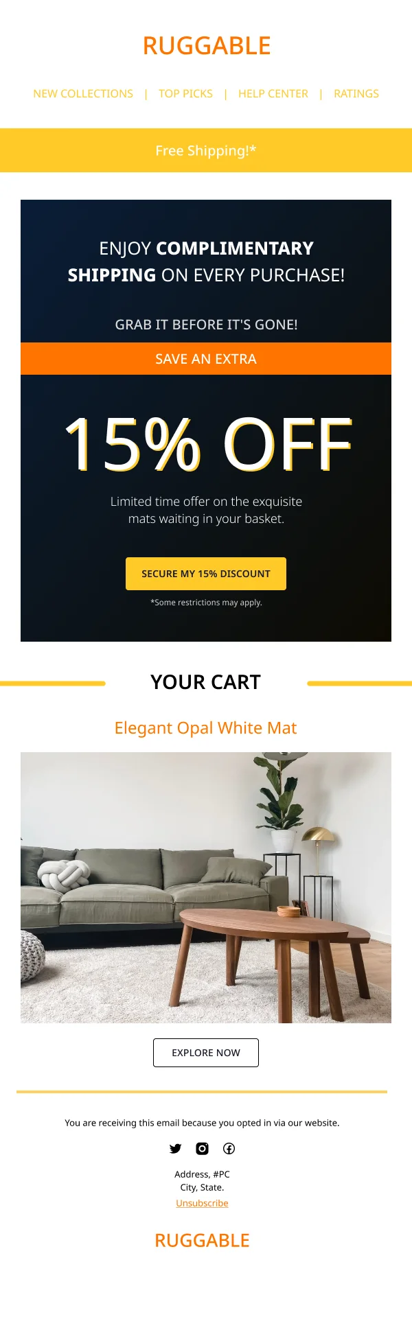 Ecommerce 15% Off on Mats — Discounts & Coupons email design preview
