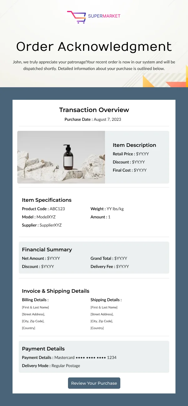 Supermarket Order Acknowledgment HTML Email Template