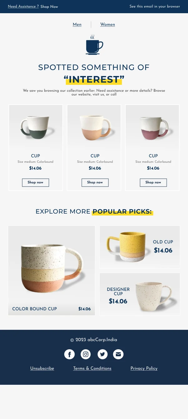 Ecommerce-Pupular Cups On Sale — Retargeting & Triggers email design preview