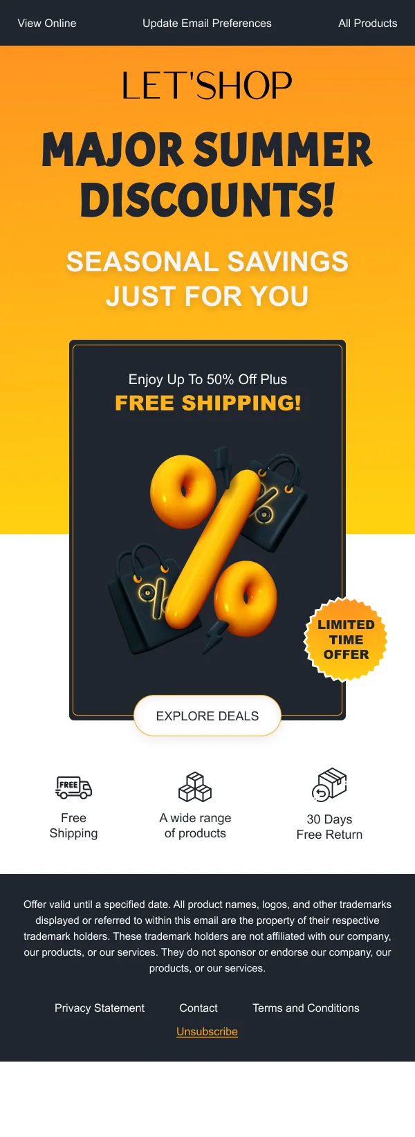 Ecommerce Seasonal Savings — Discounts & Coupons email design preview