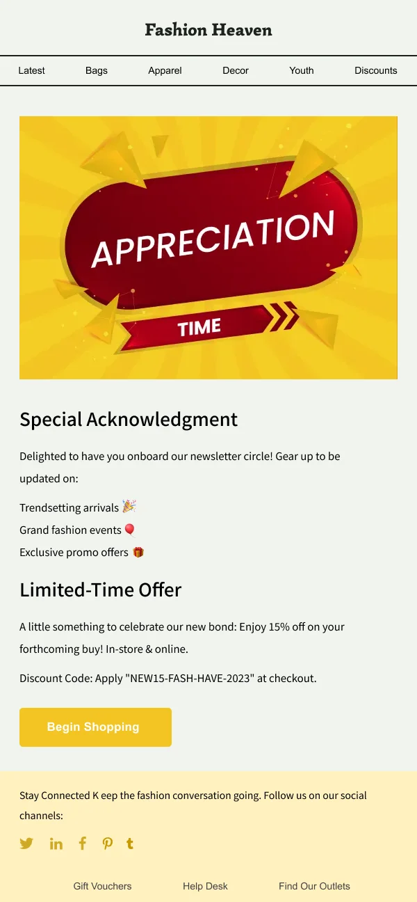 Fashion-Appreciation Discounts — Thank You email design preview