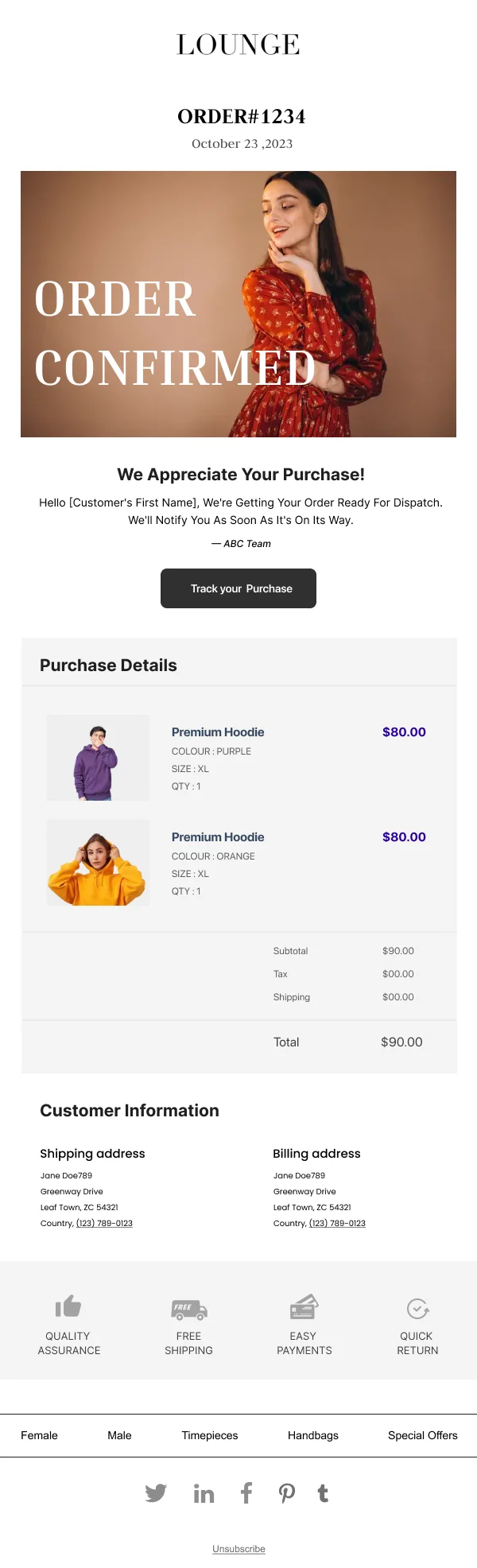 Fashion-Lounge Purchase Order — Order Confirmation email design preview
