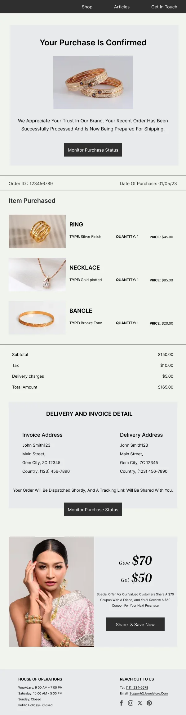 Jewelry Purchase Confirmation HTML Email Template