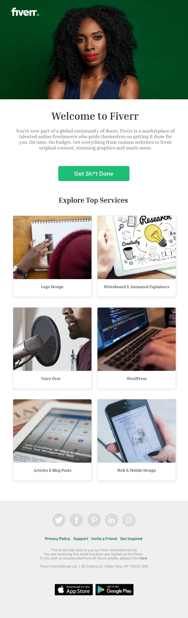 Fiverr Welcome — Activation & Retention email design preview