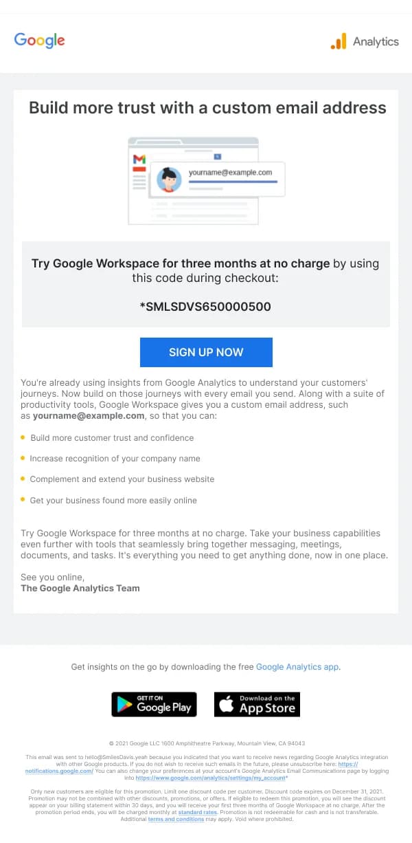 Google Workspace promo — Product Promotions & Updates email design preview