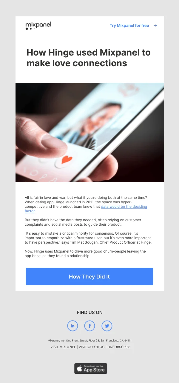 How Hinge Used Mixpanel — Product Promotions & Updates email design preview