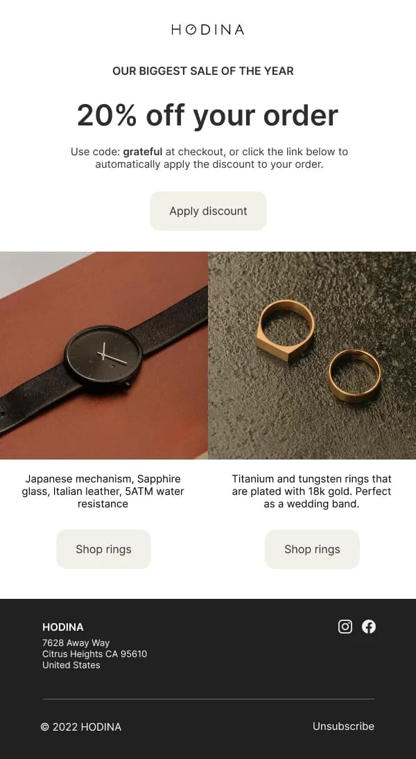 Hodina 20% Off Biggest Sale of the Year — Discounts & Coupons email design preview