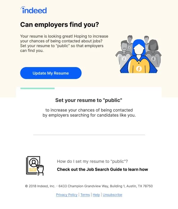 Indeed Resume Visibility — Product Promotions & Updates email design preview