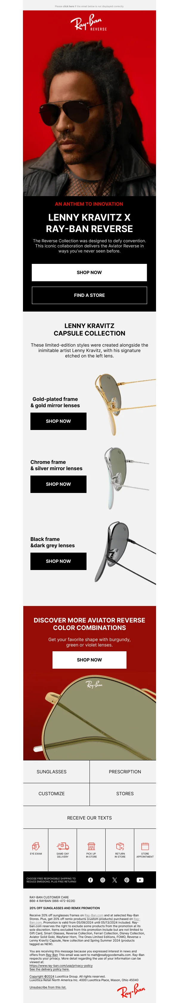 Lenny Kravitz Ray-Ban Reverse Collection — Product Promotions & Updates email design preview
