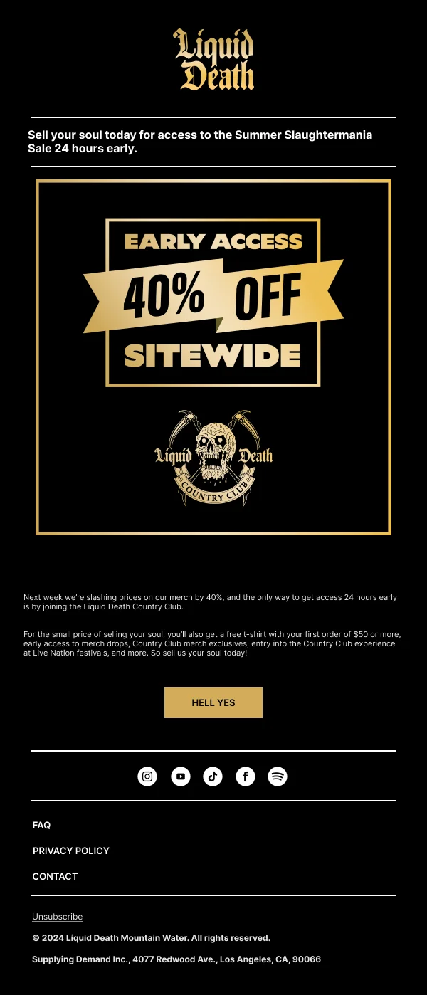 Liquid Death Early Access Sale — Discounts & Coupons email design preview