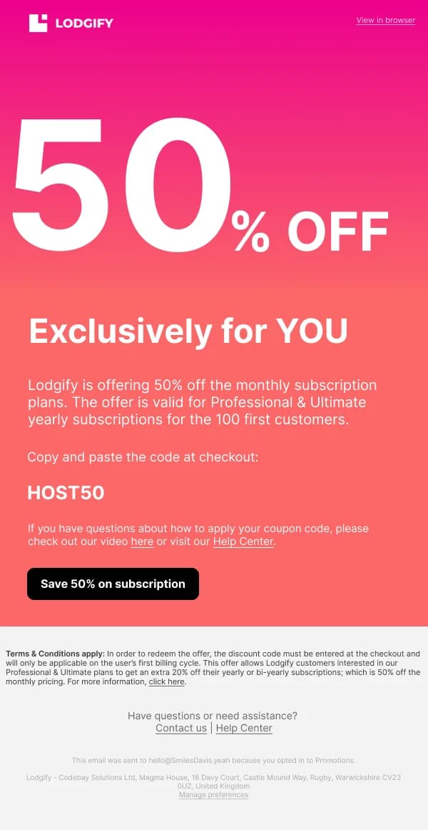 Lodgify 50% Off Subscription Offer — Discounts & Coupons email design preview