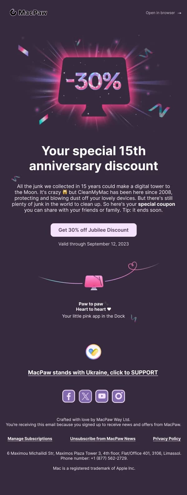 MacPaw 15th Anniversary 30% Off — Discounts & Coupons email design preview