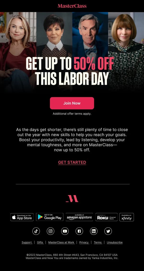 MasterClass Labor Day 50% Off — Discounts & Coupons email design preview