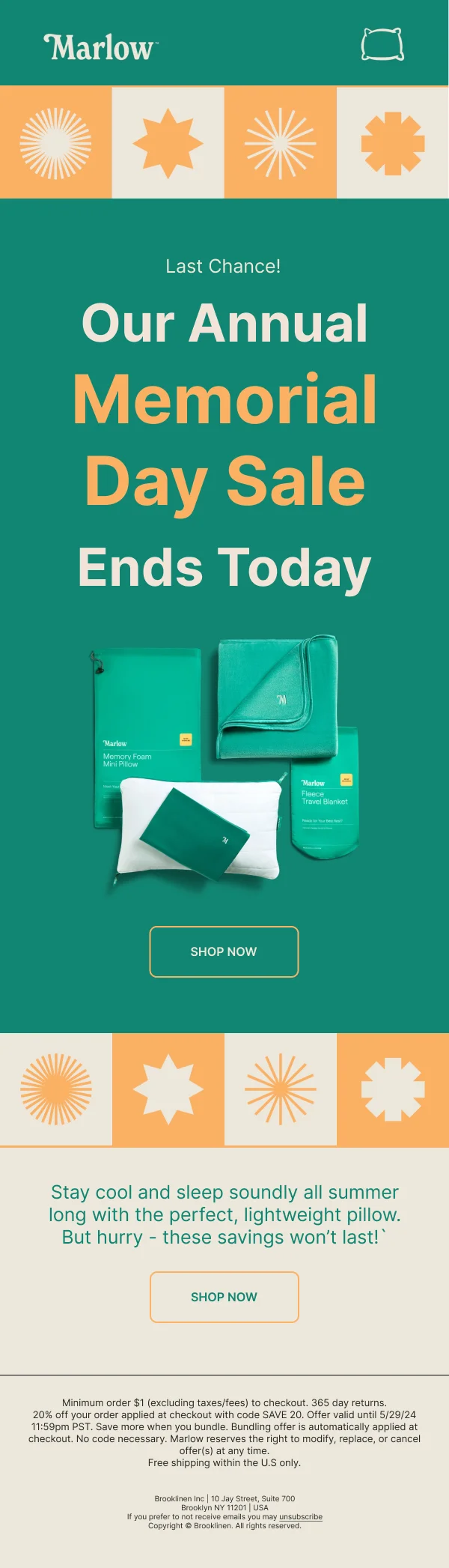 Memorial Day Sale 20% Off Pillows — Discounts & Coupons email design preview